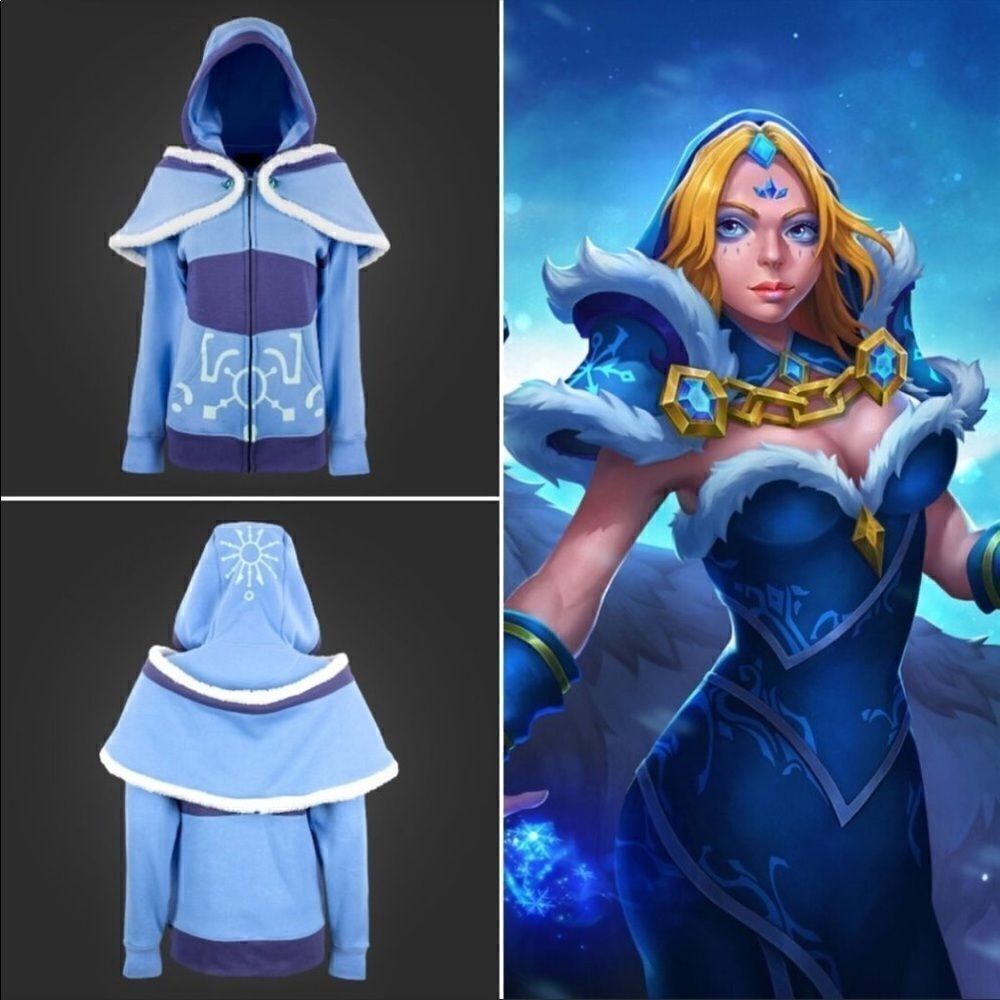 Dota 2 We Love Fine Cosplay Comic-con Crystal Maiden Fur Trim Hoodie, Blue 4X